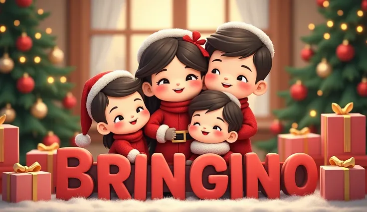 "A render of a cute chibi style family portrait of a mom, dad and, a young chubby son and an eldest tall son, all dressed in christmas outfit clothing. The family is posed together, smiling happily with the big print letters "BRINGINO FAMILY" in front of t...