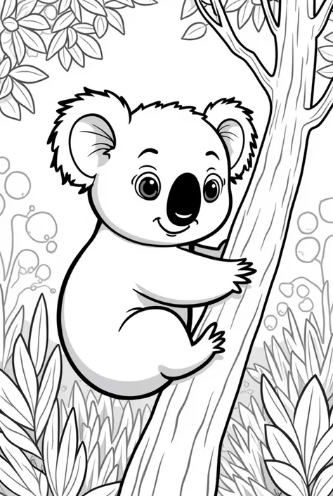 "Create a black-and-white illustration for a rens coloring book. The image should feature a baby koala in a forest setting. The baby koala and the forest background must both be in black and white, with bold, thick lines suitable for young ren to color. En...