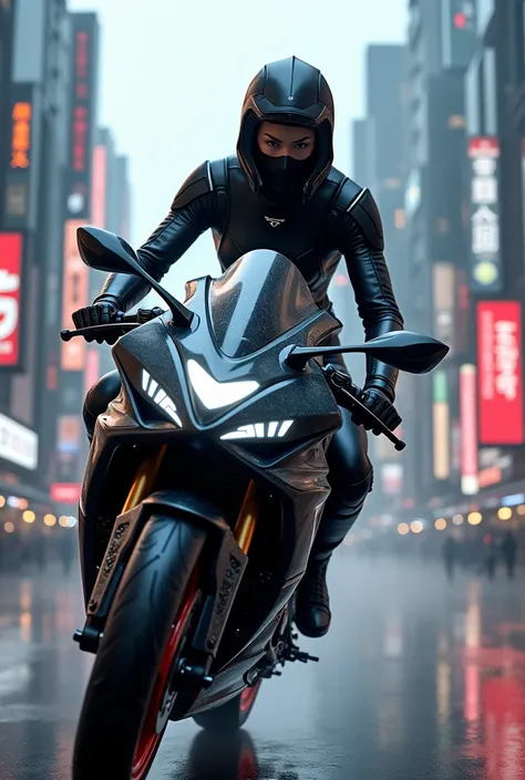 detail image of a female ninja riding a sport bike in Tokyo utopian city