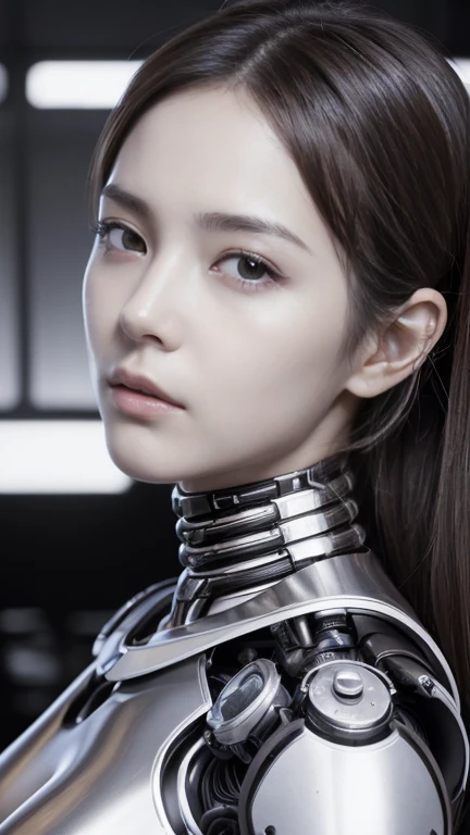 (  Masterpiece , best quality:1.4),(8k, RAW photos ,  Photorealistic :1.2),  perfect anatomy  ,shiny skin, detailed skin, detailed face , DETAILS EYES , (Black and White:1.2), (whole body), Mechanized cyborg Japanese girl,   puffy face  , Wide jaw, Light s...