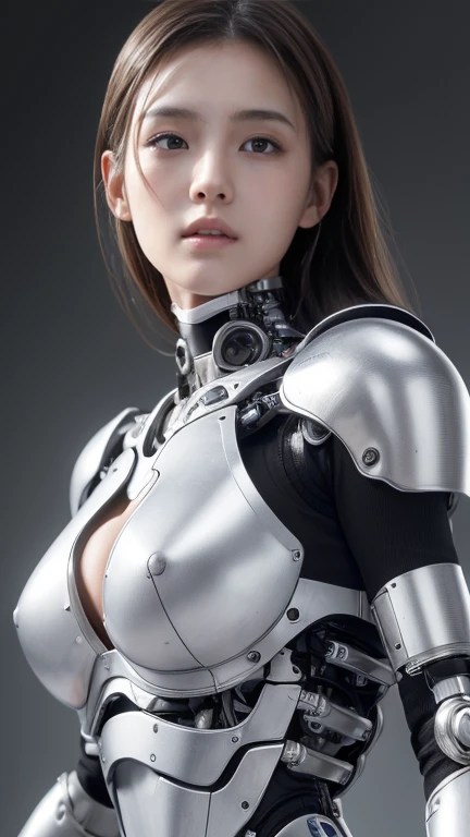 (  Masterpiece , best quality:1.4),(8k, RAW photos ,  Photorealistic :1.2),  perfect anatomy  ,shiny skin, detailed skin, detailed face , DETAILS EYES , (Black and White:1.2), (whole body), Mechanized cyborg Japanese girl,   puffy face  , Wide jaw, Light s...