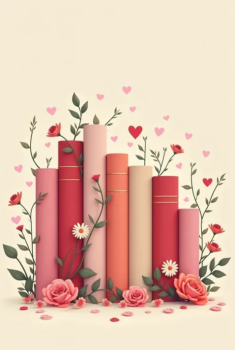 This design showcases a collection of colorful books arranged upright, with shades of pink, red, and beige dominating the palette. The books are adorned with delicate floral decorations, including roses, daisies, and leafy vines that intertwine beautifully...