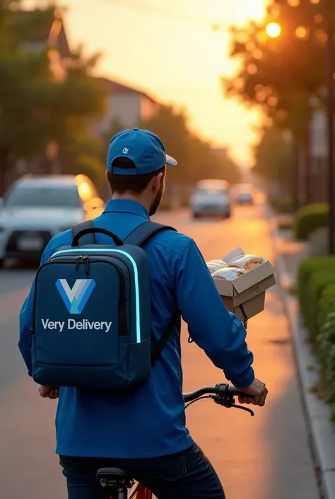 A hyper-realistic and cinematic scene of a professional delivery rider called Ranger wearing a sleek blue uniform with glowing accents, delivering restaurant food. The Ranger is removing a neatly packed food package from a square navy-blue delivery backpac...