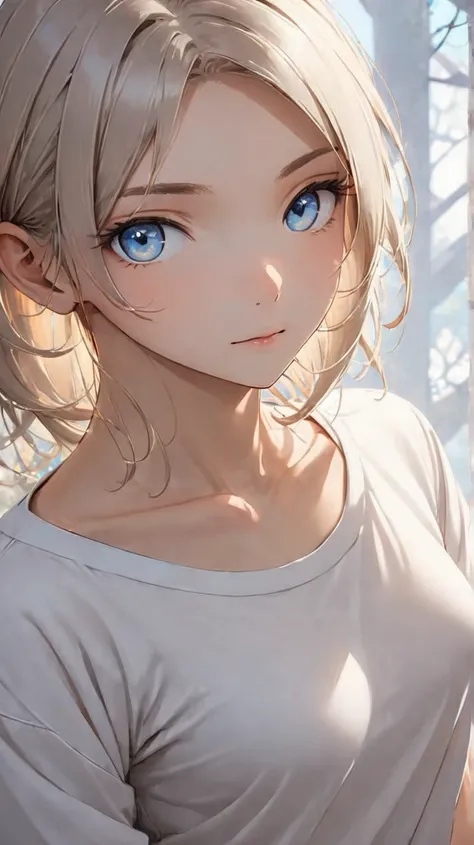 (Perfect Anatomy:1.3), animation style, short, slightly tousled light gray hair with a faint bluish tint, sleek and casual hairstyle with soft layers, (boyish and androgynous charm:1.3), calm and introspective young woman, short textured bangs, layered and...