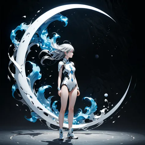  Surrealist Style ,( depicting  ((( blue flame )))  Element Conceptual Design :1.2),(Full_shooting:1.2),space warp background,(moon_background:1.3),
rest
negative space composition, character design ：Liu Ye ,Nick Vesey ,
rest
( long gray hair :1.4),( White...