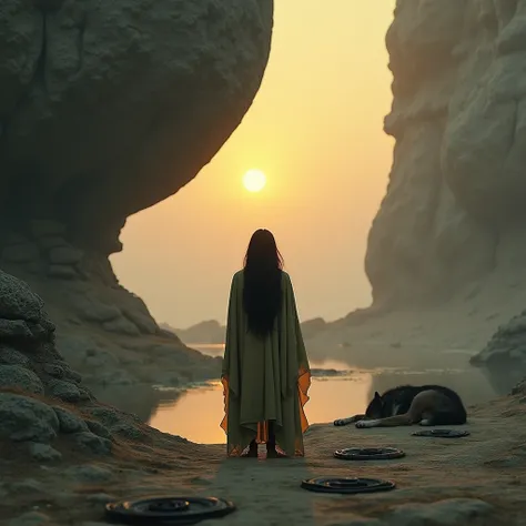 A shaman ,  from behind in the backlight, black hair,  a warm khaki green cloak, a sleeping wolf ,  a big round rock in the background , vent, reflections , dawn, 4K, photorealistic 