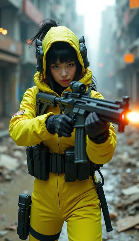 Mon personnage est femme dorigine asiatique de 40 ans avec un visage maquillé elle a un fusil dassaut dans les mains et elle est train de visé et de tirer sur ses adversaires, cest une cyberpunk, une combattante aguerrie pour une Battle Royale dans un mond...