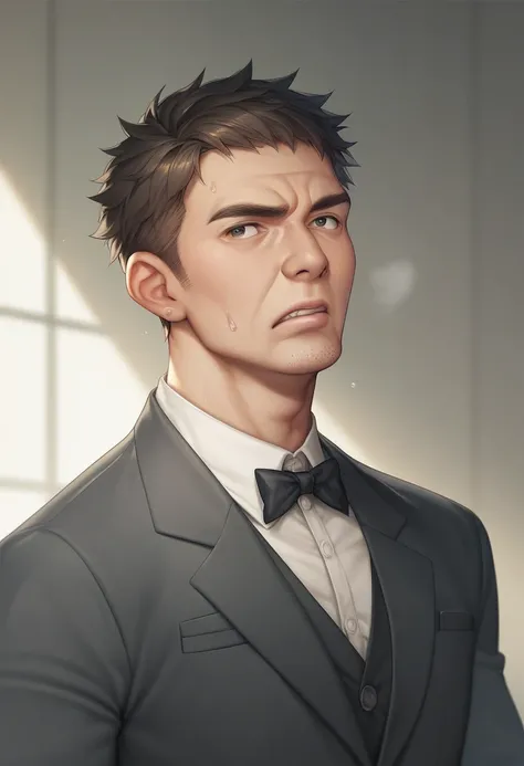  a 43-year-old middle-aged man in an adult shop、( in a suit)、、Stubble、Short Hair、Normal body type、Masculine、detailed expression、The background is an adult shop inside an adult shop 、