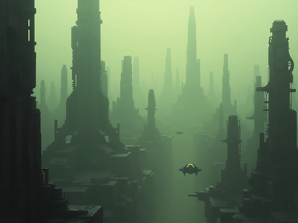 A sprawling, futuristic cityscape, dominated by towering, angular structures.  Dark, muted tones of gray and black, interspersed with pale, hazy greens.  The buildings exhibit intricate, mechanical designs, suggesting advanced technology.  A subtly hazy, g...