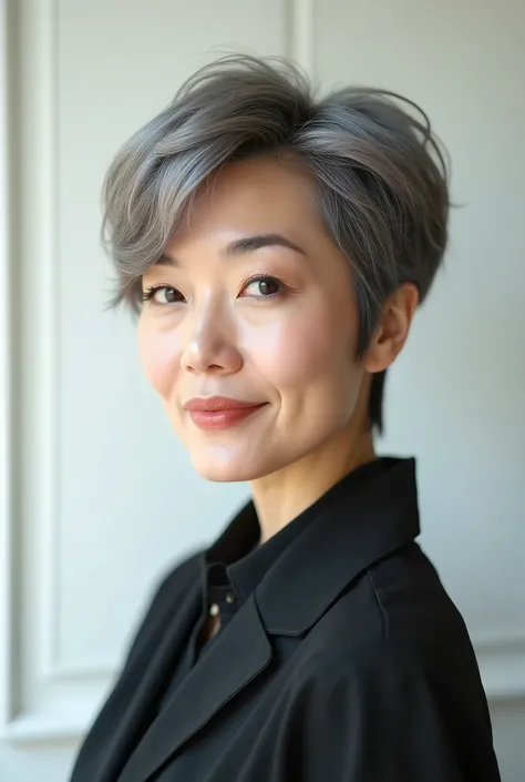  Japanese woman in perspective 、50 years old 、 trendy pixie cut style  。  cut so that the ears can be seen  、  neckline design  。  Slightly lengthens the top to add light movement  、  creates an overall three-dimensional effect  。 Her hair color is grayish...