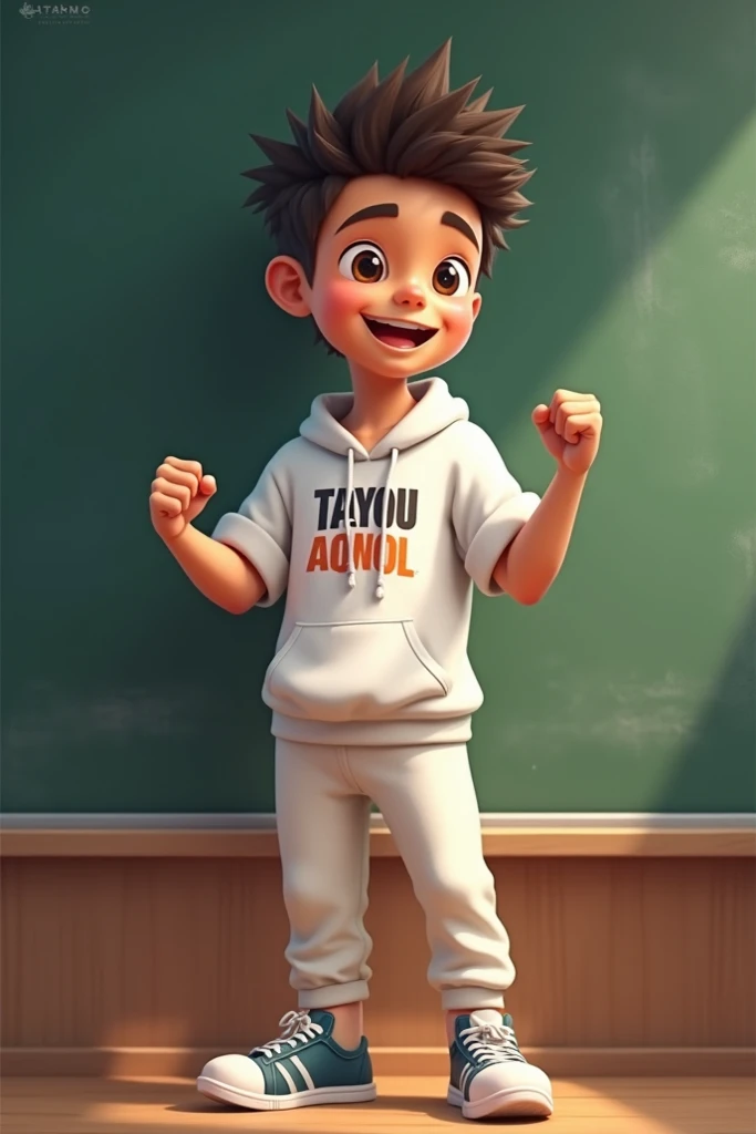 , infront of blackboard, wear uniform white, 57", wiry and energetic with spiky hair and dark brown eyes. His skin is tan, and he has an expressive face full of energy. Miko wears casual, comfortable clothing with graphic tees and hoodies.