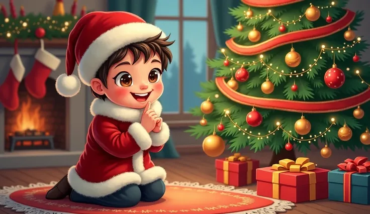 A heartwarming and festive Christmas illustration featuring a cheerful young boy with big, sparkling eyes and rosy cheeks, dressed in a red Santa hat and coat with white fur trim and with smiling face.  He is kneeling near a beautifully adorned Christmas t...