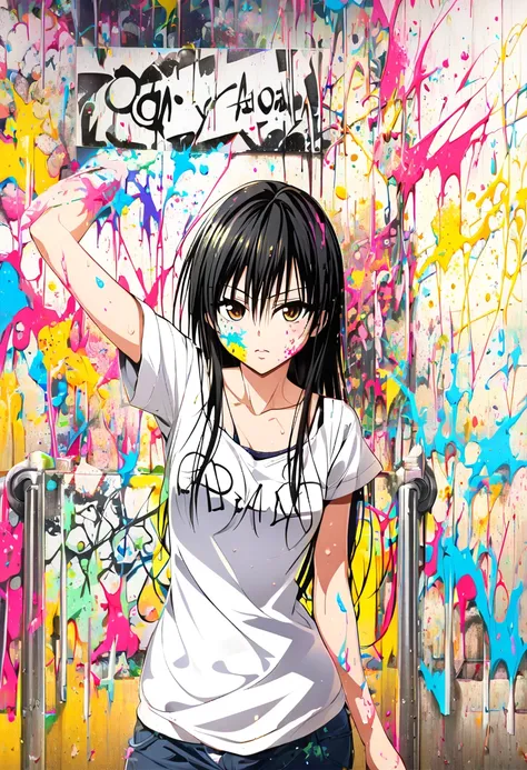  create Banksy-style graffiti art in the school hallway , Featuring a rebellious teenage girl, Kotegawa Yui ,To Loveる, and long black hair ,  Brown Eyes , Highly athletic physique, The white panties 、 white bra ,  blend naturally into the vibrant spray-pai...