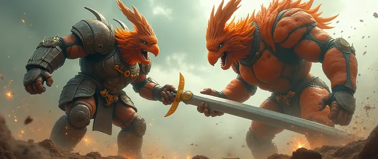 Create an image of a ((warrior super carrot)) and ((fried chicken drumstick monster)), mecha samuraipunk, anthropomorphic, screaming to each other, moving, action burst, leather and iron armor, foggy, stormy, 70mm, cinematic, highly detailed, minotaur real...