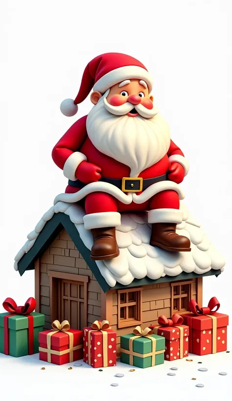 zoomed out view centrally placed a vividly detailed fx high resolution cartoon image of Santa Claus sitting on the roof of a house with Holiday gifts . the background is white 3000dpi 32k