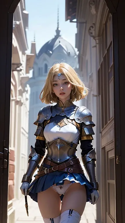 (Female warrior: 1.5), (Blonde female warrior: 1.3),  1 girl, Alone,  cute girl,  young girl, ( blonde hair), ( blue eyes),  skinny girl ,  small breasts,  pretty face,  slim waist , Thin legs , Thigh Gap, (Knight Armor), ( Steel Breastplate ,  steel gaunt...