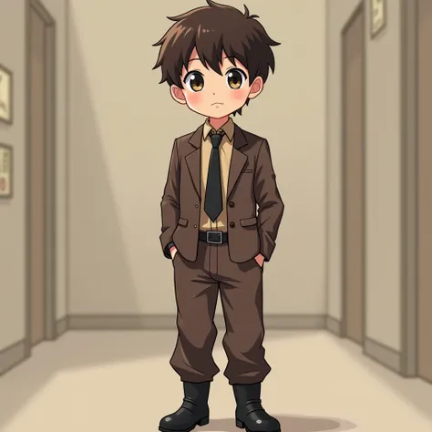  cartoon,Anime,Boy 1 , Wearing a Dark Brown Work Suit , Inside is a Dark Brown Shirt, Tie Black Tie , Short Two-Block Hairstyle , Dark Brown Loose Pants , black leather boots  