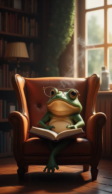 Frog wearing glasses, sitting in an armchair, reading a book, (detailed skin texture:1.2), (detailed book:1.1),  center of the image, facing viewer,  wooden interior,  warm lighting,  dark, moody atmosphere,  gentle light from window and lamp,  vintage arm...