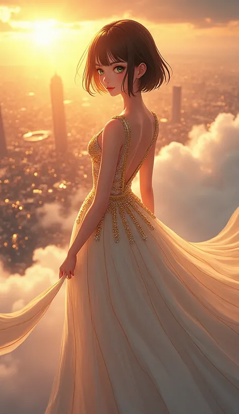 straight to viewer an elegant anime fortune girl with short brown hair, green eyes, and a shimmering white and gold gown, standing on a cloud as she gazes down at a glittering metropolis below. The sunset illuminates the scene with a soft, golden light, re...