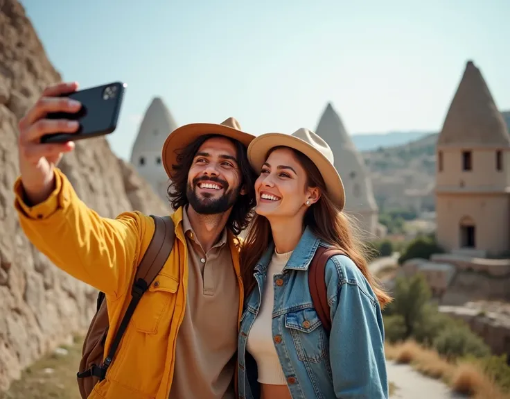 Realistic, theme is "ruins of an ancient city", Cappadocia, Turkey, carefree tourist couple taking selfie with smartphone, fun travel, cheerful atmosphere, poster image, sophisticated design, advanced lighting technology, live photo 8K quality