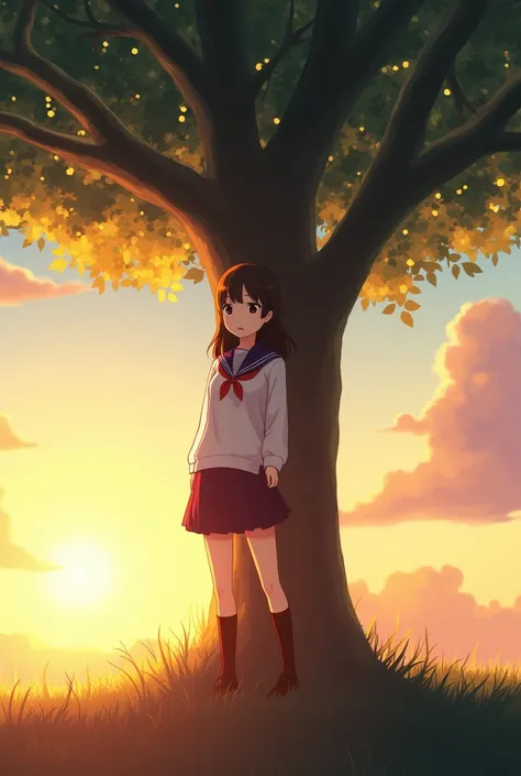 a girl in a school uniform standing under a tree, 1girl, solo, school uniform, brown hair, long sleeves, animal nose, tree, sky, outdoors, skirt, cloud, sunset, lens flare, scenery, wind, (best quality,4k,8k,highres,masterpiece:1.2),ultra-detailed,(realist...