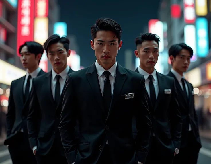 Korean GANGSTER squad in black suit, Gangnam area background, South Korea, night, visible from head to toe,