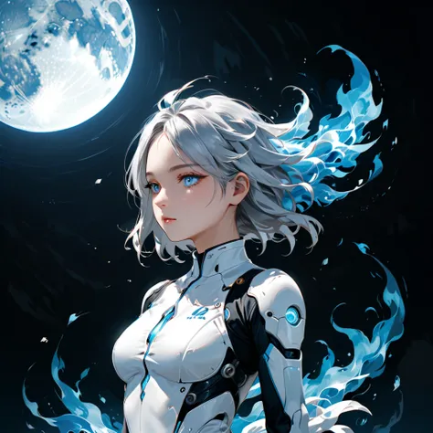  surrealist style ,( depicting  ((( blue flame )))  Element Conceptual Design :1.2),(Full_shooting:1.2),space warp background,(Super large moon_background:1.3),
rest
negative space composition, character design ：Liu Ye ,Nick Vesey ,
rest
( long gray hair :...