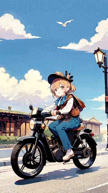 Steampunk AI。 one girl。owl，Delivery Person。Biking around town 。smile。The background is blue sky and white clouds 、 Victorian style cityscape。