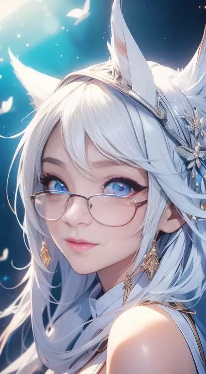 Malay girl, masterpiece, best quality, beautiful sexy young woman,white long hijab,big breast,cute face, (perfect face),(perfect nose),(smilling),Blue eyes,eyewear,white fox ears, malay face,