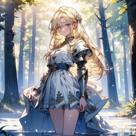 masterpiece, is the best quality, high resolution,Perfect light and shadow,8k wallpaper,illustration, ray tracing , a cute girl, blond hair,Straight Hair, blue eyes,forest,Full body portrait,Lakeside,white armor,white miniskirt 