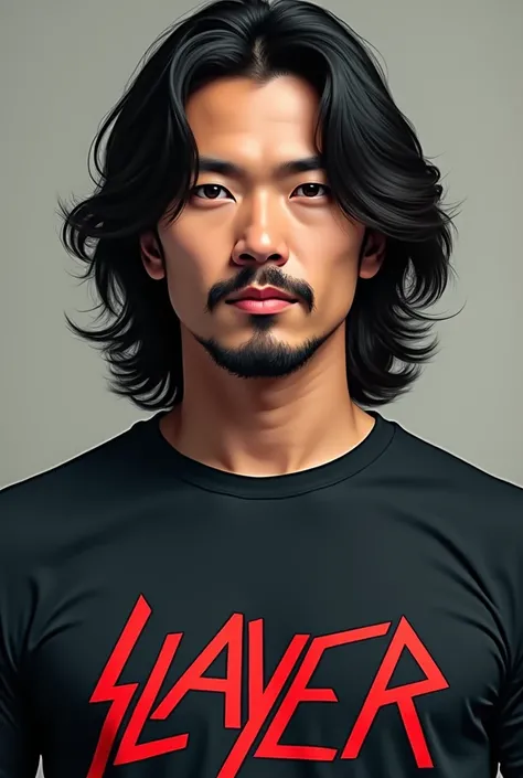 An asian man with shoulder length hair and little
of wavy hair and has a small moustache and beard
is wearing a band t-shirt that called Slayer