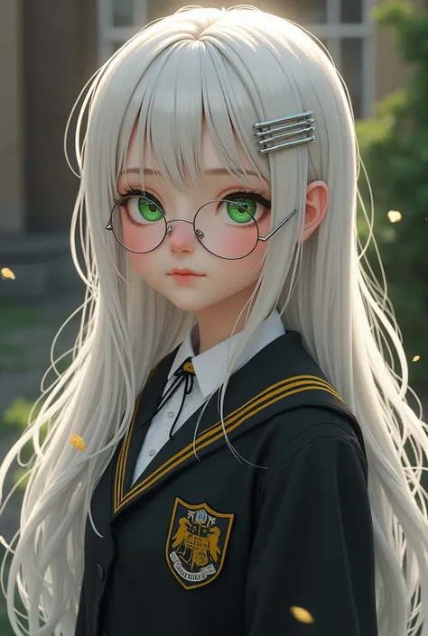 Teenage girl with long white hair with cute hairpins on her hair, green eyes, wearing black magic school student dress with yellow stripes, wearing silver-framed glasses 
Lets be more realistic