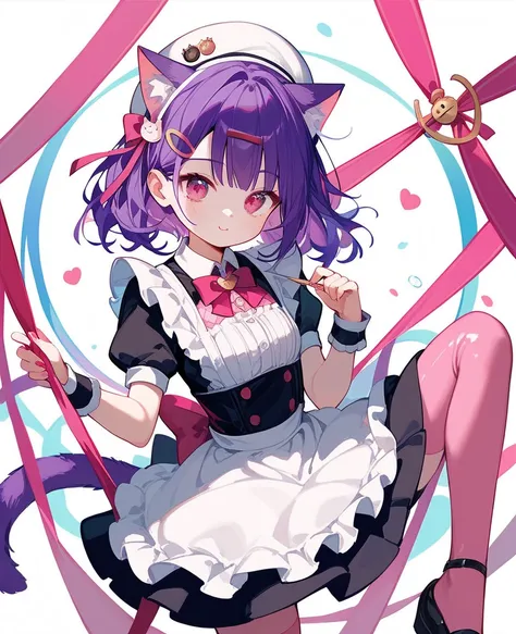 Cat ears、White Beret、 girl、 purple hair、 pink mesh 、marine look style maid clothes、Pink Eye、Cat hairpin、Ribbon hairpin、cute、High image quality