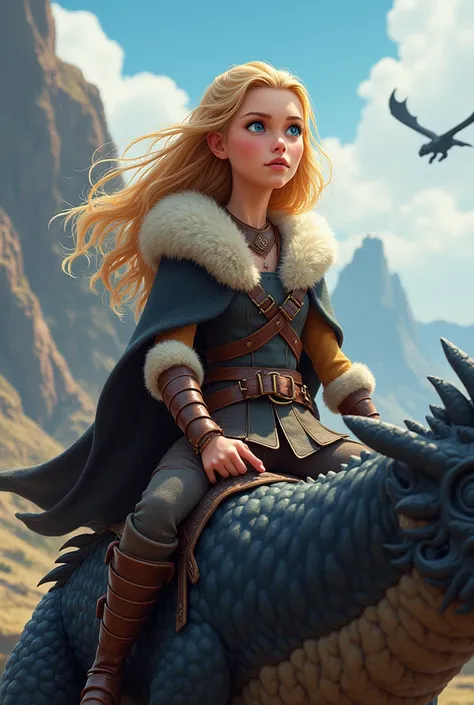 Viking girl ,  blond hair,  blue eyes,  dragon rider , ulfhednar ,  cartoon how to train your dragon