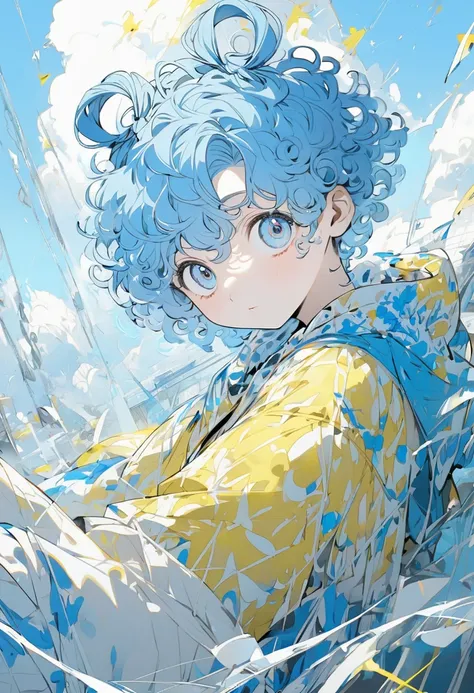 Gender: Boy
Eyes color: Blue
Hair: Yellow
Jacket: Sky blue
Tshirt: White
Jeans
Shoes: Black and white
Curly hair
Ring