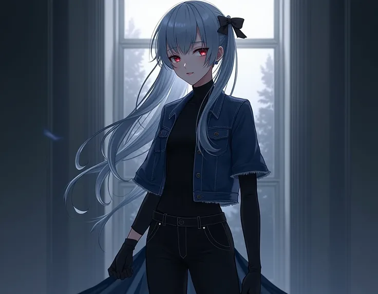 An anime guy with red eyes represents long indigo hair tied with a black ribbon to the top  , He has fair skin and wears all the fictional black and indigo clothes, including a short denim jacket on the front and long on the back. Below it is a long black ...