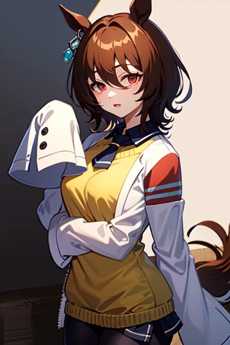  agnestachion 、Horse Girl、 girl、一人の girl、Horse ears、Horse tail、 earring on one side 、Red eyes、 short hair、 brown hair、White、bigger sleeve than wrist 、 yellow big sweater 、 ties、 black pantyhose、Stray hair、best qualty,