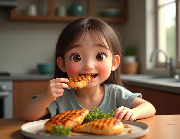 Young girl filming herself eating a grilled chicken