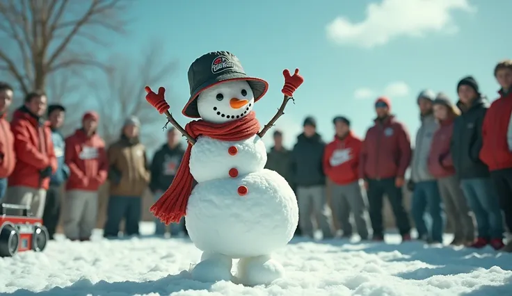 The snowman wears gear and bucket hat from a famous sports manufacturer、 s breakdancing in front of them forming a circle 、 Surreal Photos 。Theres a boom box in the corner 。