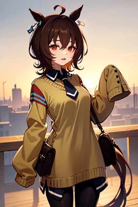  agnestachion 、Horse Girl、 girl、一人の girl、Horse ears、Horse tail、 earring on one side 、Red eyes、 short hair、 brown hair、White、bigger sleeve than wrist 、 yellow big sweater 、 ties、 black pantyhose、Stray hair、best qualty,