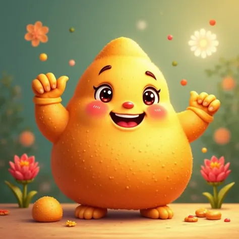 Make a profile pic with Laddu having nose face hands and eyes and he is smiling and his left hand should be in L shape upwards and Laddu Baba should be written in Bangladeshi language on his left hand and the background will be interesting and beautiful