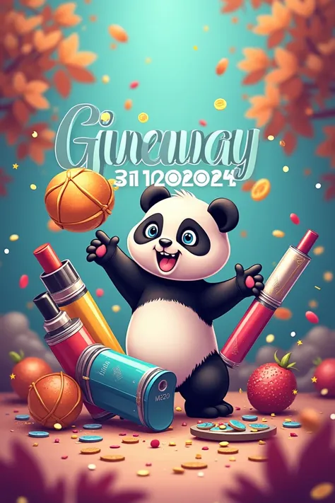  Generate an image for the draw . The main element in the middle is the word  "GIVEAWAY".  It is also necessary to depict a cartoon Panda and 3 electronic smoking devices. Add date 31 .12.2024.