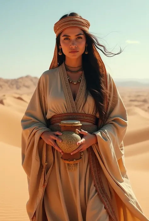 Alafi woman in traditional costume holding a small drum in the desert, a young woman in shamanic costume, a girl holding a sphere, the scenery of the film Silk Road, beautiful youth, portrait shot, ancient princess Lieb, the vanishing line of the desert is...