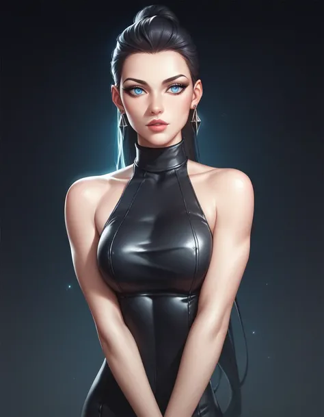 female sleeveless black leather turtleneck, high neckline, bare shoulders, racerback, bare toned arms, beautiful faces, black ponytail with showing forehead, long ponytail, black earrings, soft smooth skin, pale skin, black background, blue eyes, sci-fi, h...