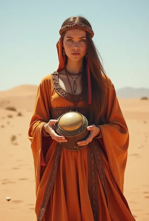 Alafi woman in traditional costume holding a small drum in the desert, a young woman in shamanic costume, a girl holding a sphere, the scenery of the film Silk Road, beautiful youth, portrait shot, ancient princess Lieb, the vanishing line of the desert is...