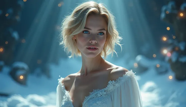 Fantasy Art，16K quality， Ultra HD，facial special science ， A woman looks like a movie star Gal Gadot ，，young，short golden hair，Goddess of winter， Full of temptation，穿着一件时尚的露肩高领紧身高领 white top， white top， Bare Shoulder， fantasy background，universe