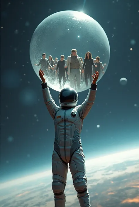 A man wearing a spacesuit and holding a big ball with many people inside it