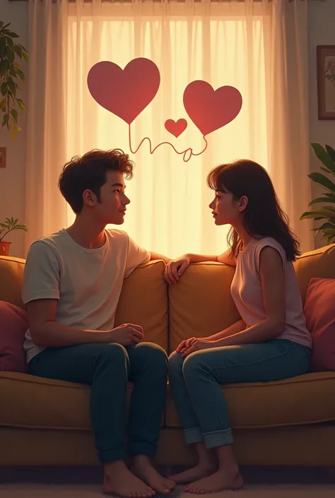  A photo on a sofa showing two young people talking calmly,  with speech bubbles and listening hearts or symbols.  Illustrate their hearts connected by a beam of lights . Like a photo for a movie 