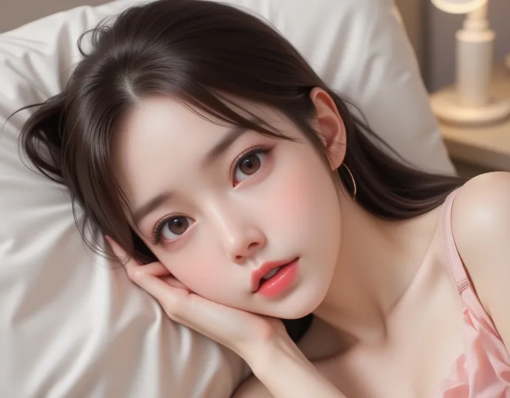 (Beautiful face young Japanese), (Beautiful small cup-A chests, white pale skin), (Emotional shy and embarrassing face, with pretty dress), tired and wet at her bed, full body,