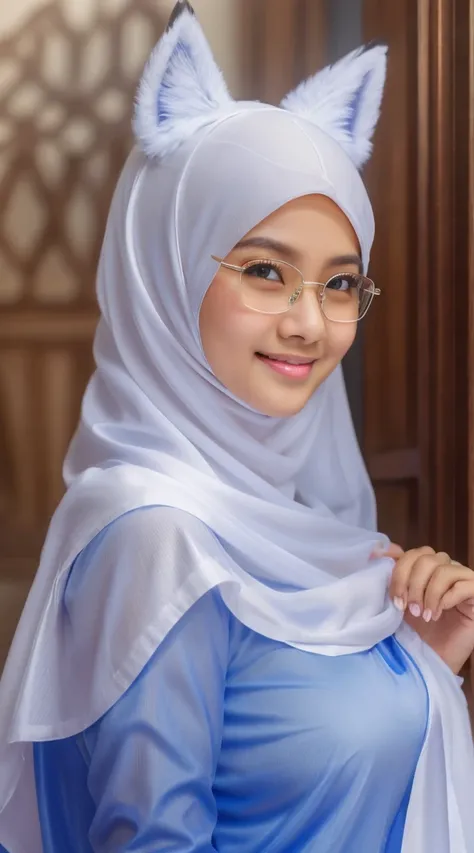 Malay girl, masterpiece, best quality, beautiful sexy young woman,white long hijab,big breast,cute face, (perfect face),(perfect nose),(smilling),Blue eyes,eyewear,white fox ears, malay face,